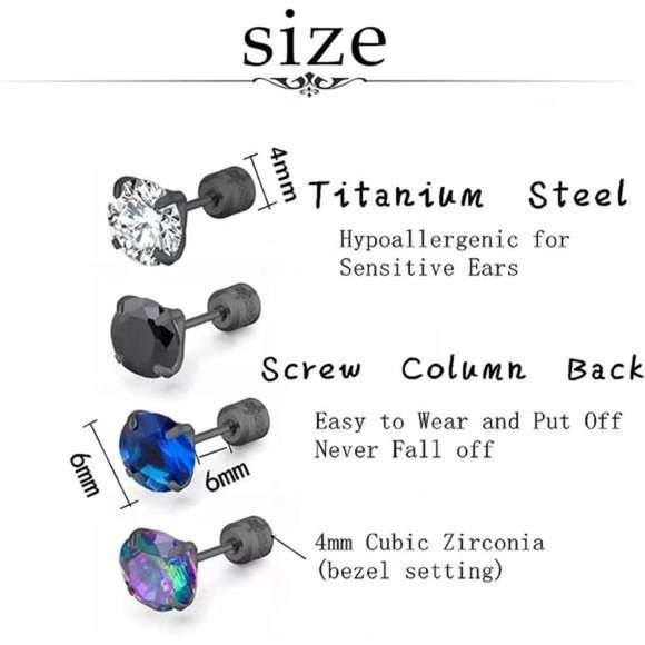 4 Pairs Titanium Screw Back Surgical Stainless Steel Stud Earrings Mens Womens - Picture 6 of 6